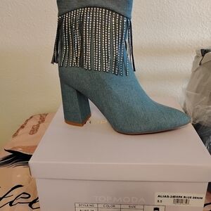 TOP Moda Women's Denim Fringe Heeled Boots